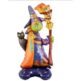   Halloween Boszorkány Fólia Lufi – 100 cm, cicával és seprűvel